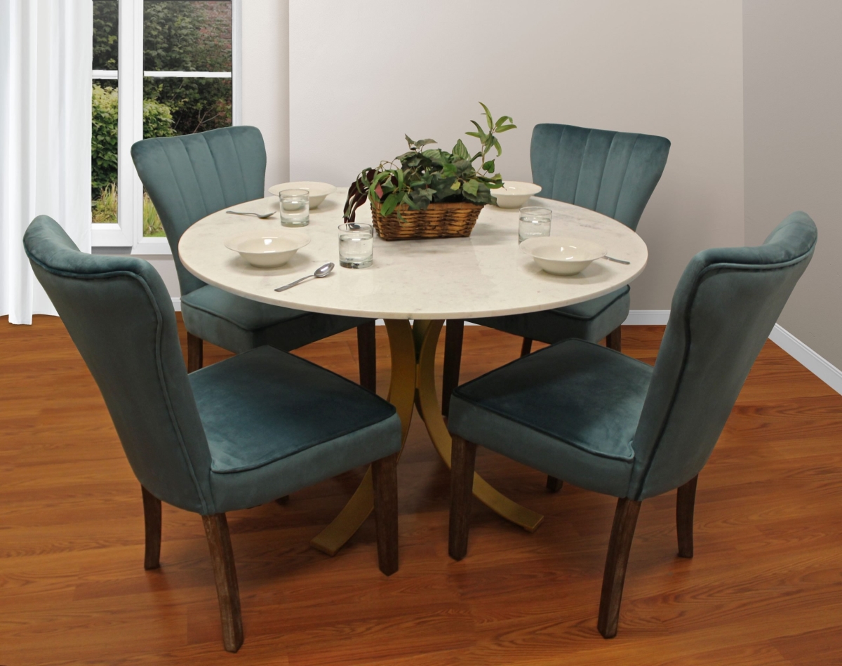Lawrence48-88011083-2 48 in. Dining Set with Marble Top Dining Table & 4 Velvet Chairs - Teal - 5 Piece