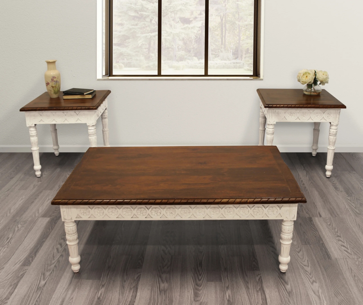 Bayliss-Living-Room-Set-1 Table Set with Handcarved Cocktail Table & 2 End Tables - 3 Piece