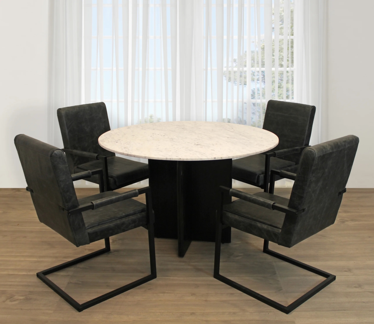 Terrain48-94011057-4 48 in. Dining Set with Round Dining Table & 4 Leather Chairs - Antique Black - 5 Piece
