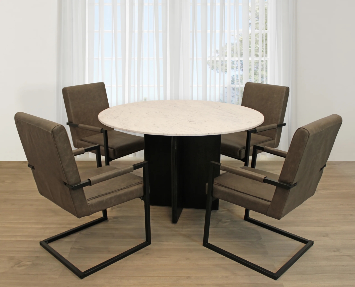 Terrain48-94011058-4 48 in. Dining Set with Round Dining Table & 4 Leather Chairs - Antique Gray - 5 Piece