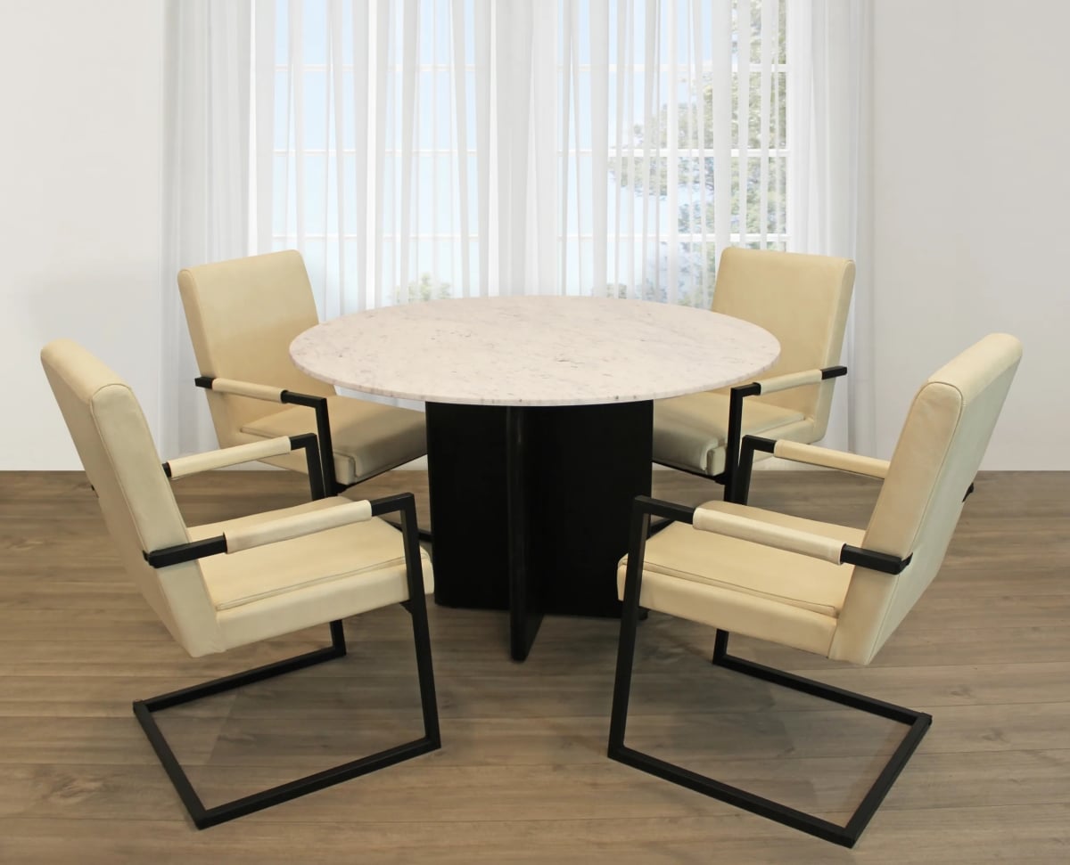 Terrain48-94011059-4 48 in. Dining Set with Round Dining Table & 4 Leather Chairs - Ivory - 5 Piece