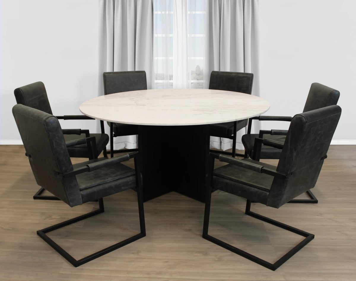 Terrain60-94011057-6 60 in. Dining Set with Round Dining Table & 6 Leather Arm Chairs - Antique Black - 7 Piece
