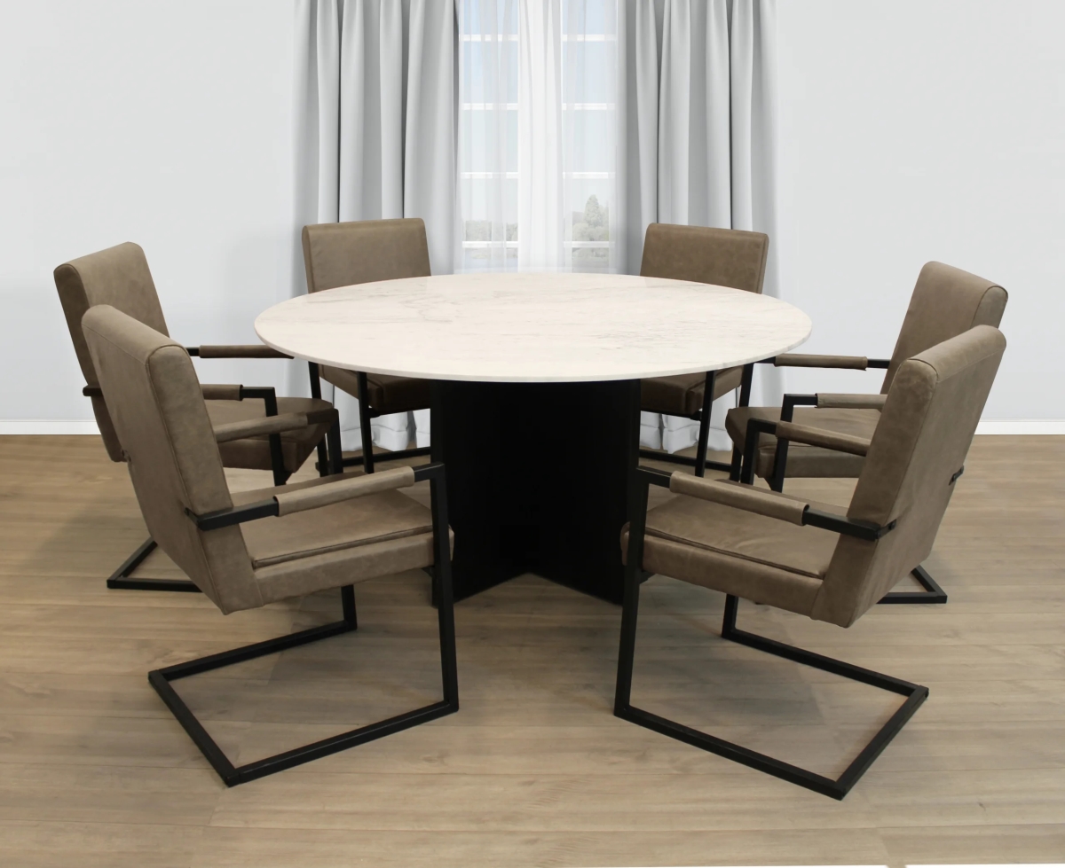 Terrain60-94011058-6 60 in. Dining Set with Round Dining Table & 6 Leather Arm Chairs - Antique Gray - 7 Piece