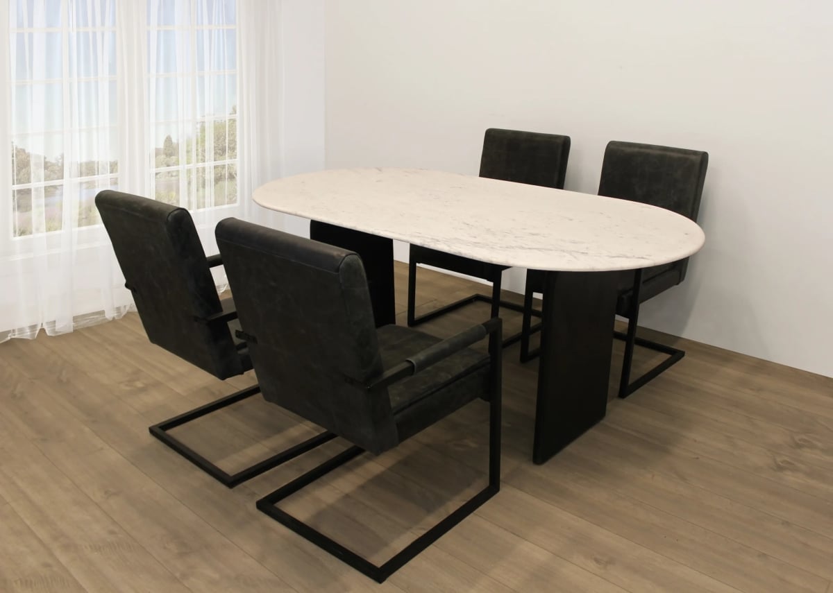 Terrain72-94011057-4 72 in. Dining Set with Oval Dining Table & 4 Leather Chairs - Antique Black - 5 Piece