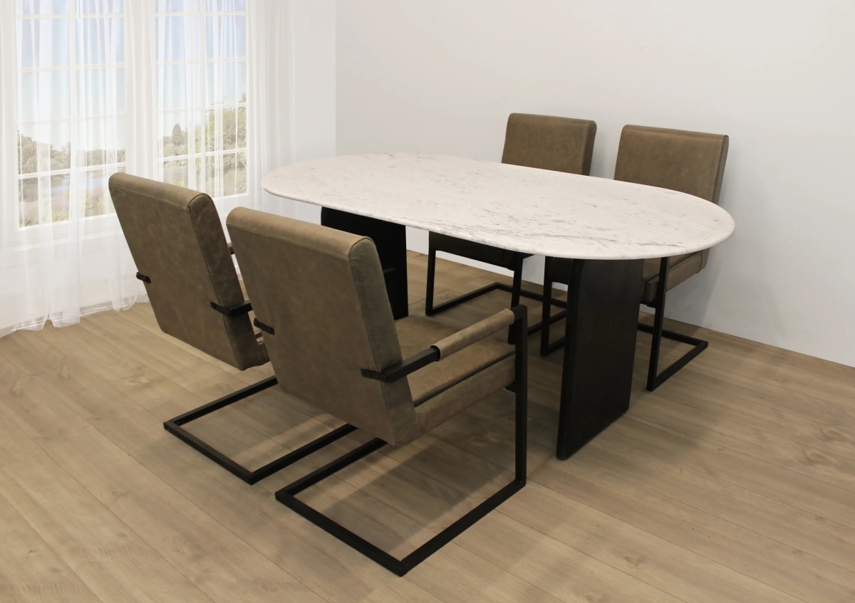 Terrain72-94011058-4 72 in. Dining Set with Oval Dining Table & 4 Leather Chairs - Antique Gray - 5 Piece