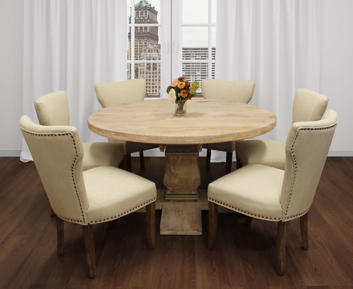 HolmesW58-88011088-3 58 in. Dining Set with Round Dining Table & 6 Linen Chairs - Ivory - 7 Piece