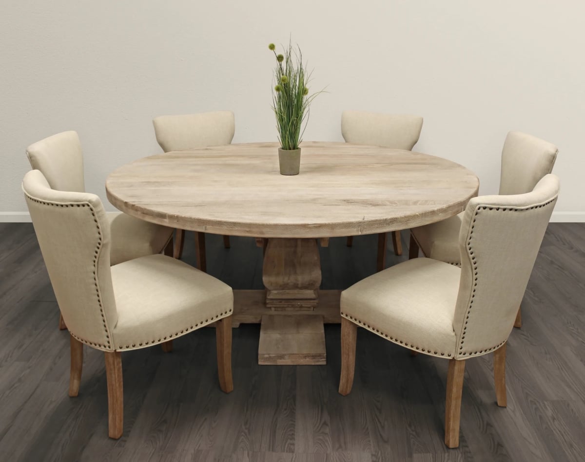 HolmesW58-88011094-3 58 in. Dining Set with Round Dining Table & 6 Ivory Linen Chairs with Natural Legs - 7 Piece