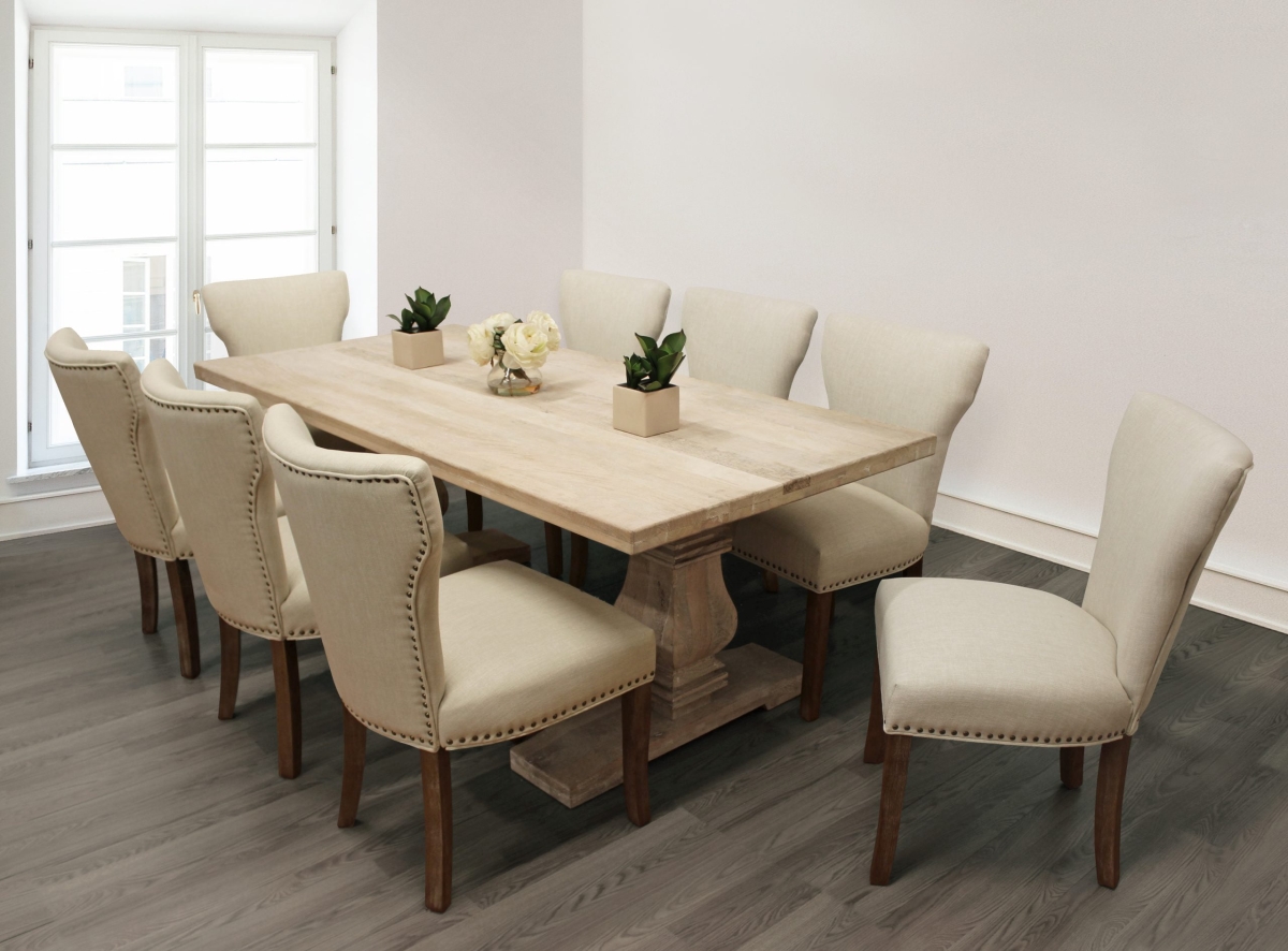 HolmesW81-88011088-4 81 in. Dining Set with Distressed White Dining Table & 8 Ivory Linen Chairs - 9 Piece