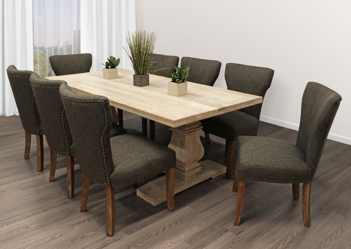HolmesW81-88011089-4 81 in. Dining Set with Distressed White Dining Table & 8 Dark Gray Linen Chairs - 9 Piece