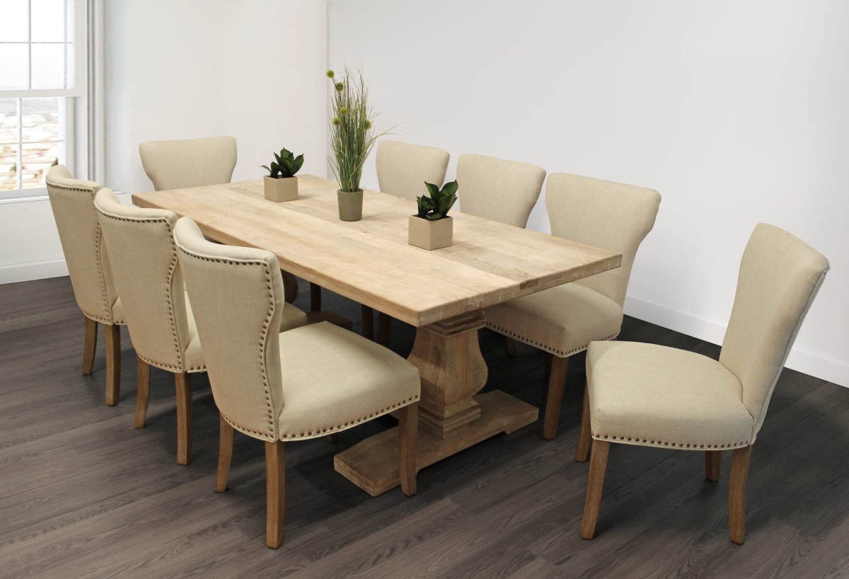 HolmesW81-88011094-4 81 in. Dining Set with Distressed White Dining Table & 8 Ivory Linen Natural Chairs - 9 Piece