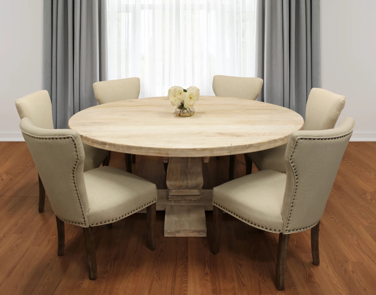 HolmesW70-88011088-3 70 in. Dining Set with Round Dining Table & 6 Ivory Linen Chairs with Natural Legs - 7 Piece