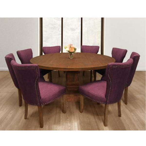 HolmesMB70-88011090-4 Benedict Dining Set - 70 Round Table & 8 Purple Linen Chairs - Brown - 9 Piece