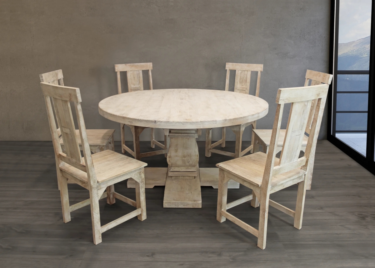 HolmesW58-78111001-3 58 in. Dining Set with Round Table & 6 Solid Wood Chairs - White Wash - 7 Piece