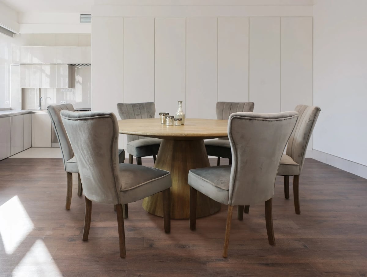 Jade60-88011081 60 in. Round Dining Table & 6 Upholstered Chairs in Mink - 7 Piece
