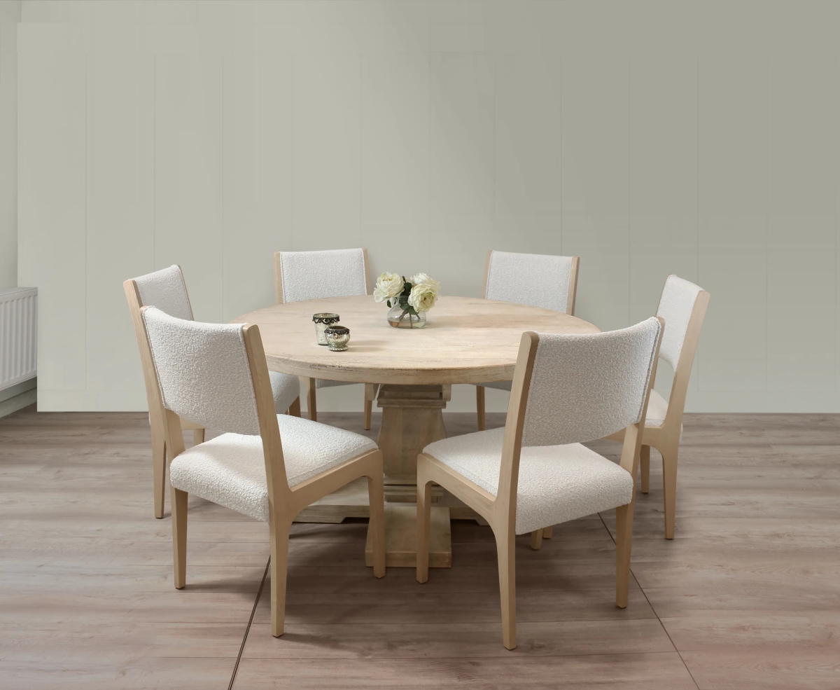 HolmesW58-88011098-3 58 in. Round Dining Set with 6 Ash Boucle Chairs - Ivory - 7 Piece