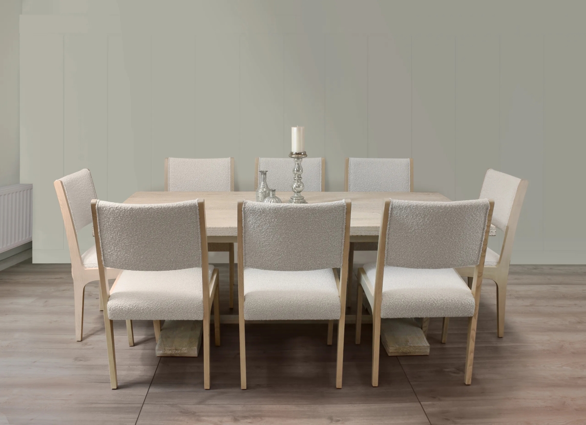 HolmesW81-88011098-4 81 in. Dining Set with 8 Ash Boucle Chairs - Ivory - 9 Piece