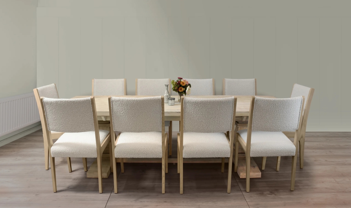 HolmesWExt-88011098-5 Extendable Dining Set with 10 Ash Boucle Chairs - Ivory - 11 Piece