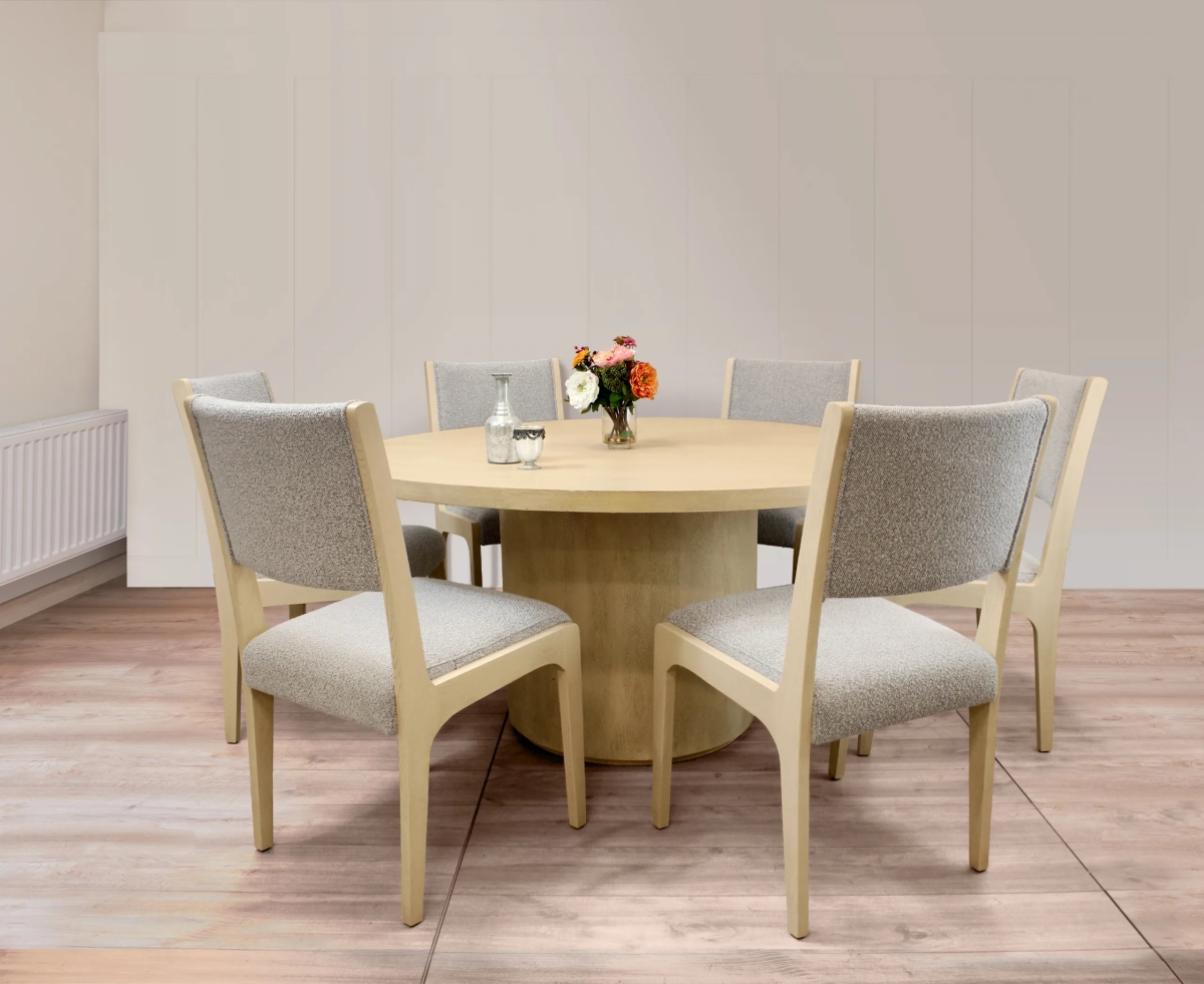 Sedona60R-88011099-3 60 in. Round Dining Set with 6 Ash Boucle Chairs - Silver - 7 Piece