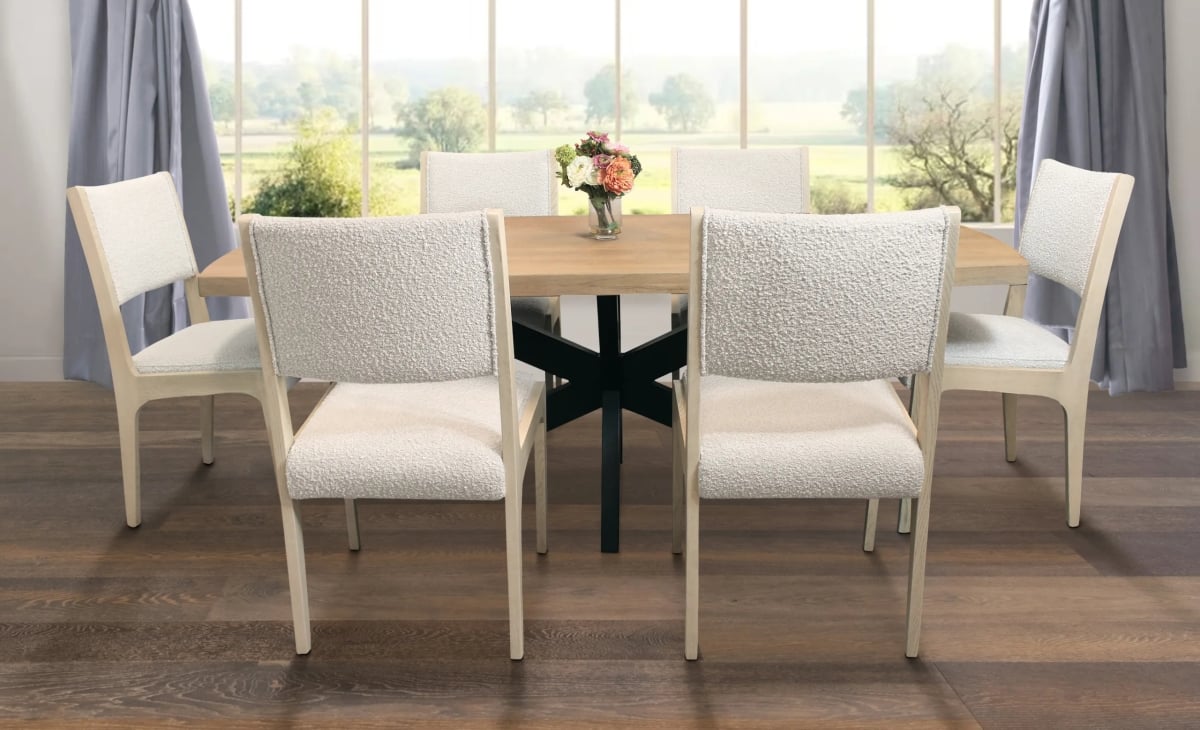 Damian82-88011098-3 Dining Set with 6 Ashton Boucle Chairs - Ivory - 7 Piece