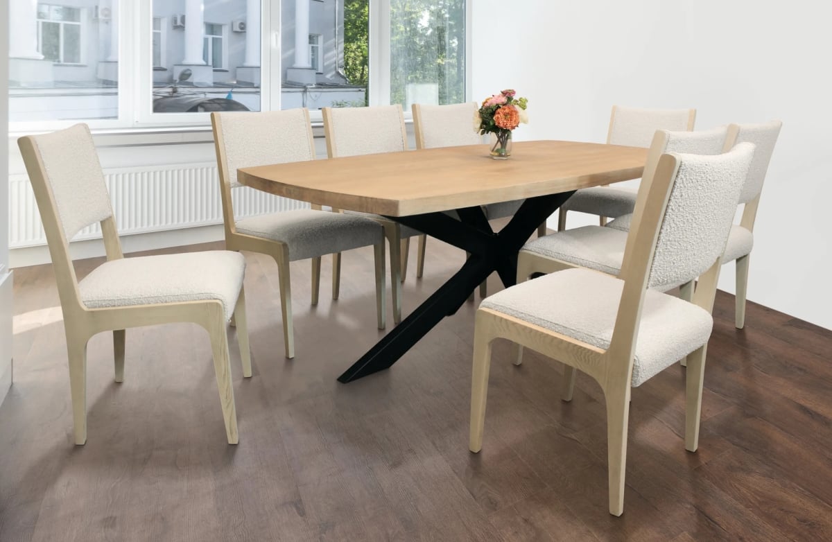 Damian82-88011098-4 Dining Set with 8 Ashton Boucle Chairs - Ivory - 9 Piece