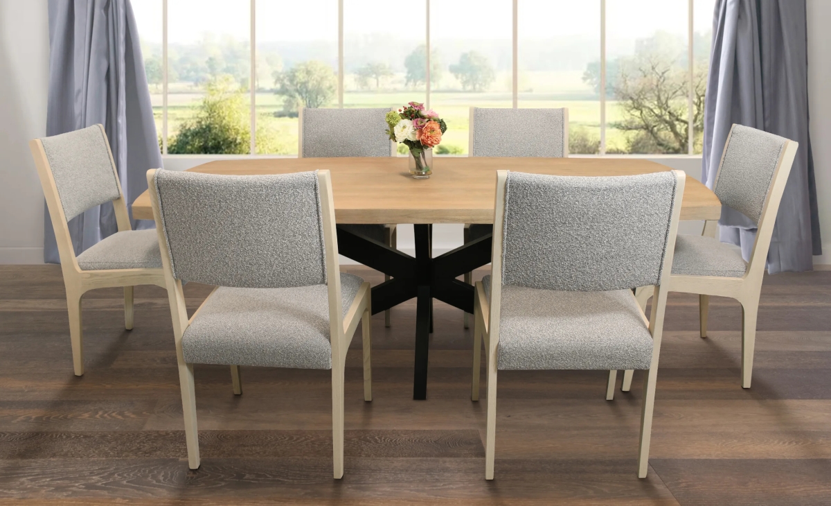 Damian82-88011099-3 Dining Set with 6 Ashton Boucle Chairs - Silver - 7 Piece
