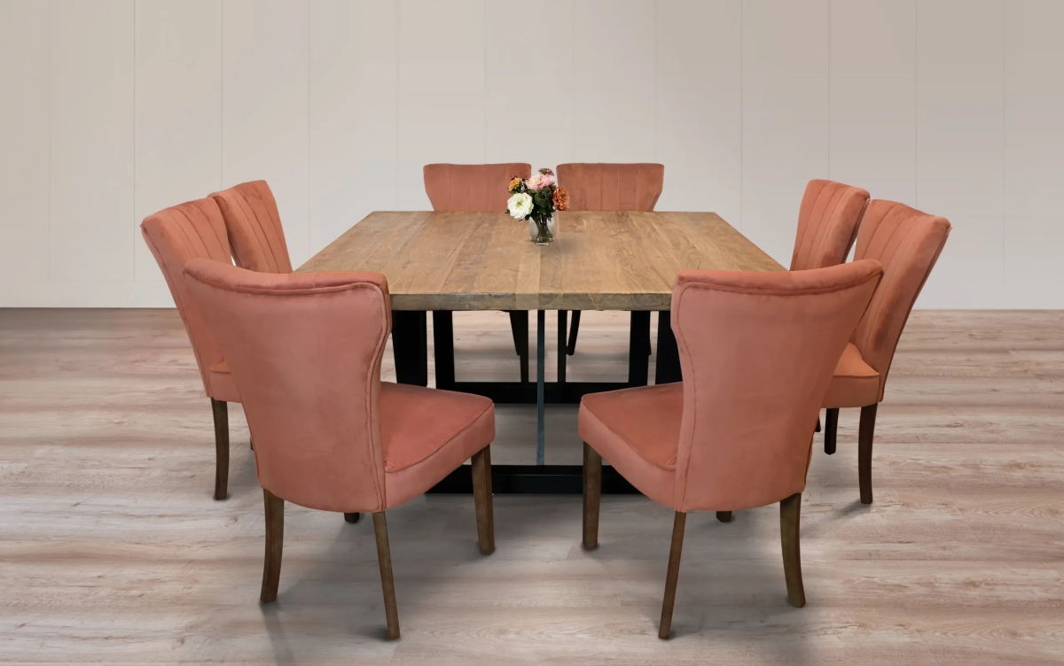 Damian60S-88011082-4 Dining Set with 8 Clive Velvet Chairs - Blush - 9 Piece