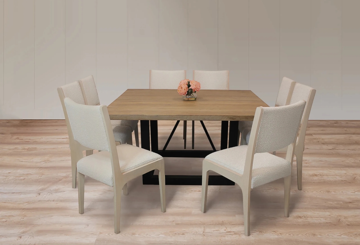 Damian60S-88011098-4 Dining Set with 8 Ashton Boucle Chairs - Ivory - 9 Piece