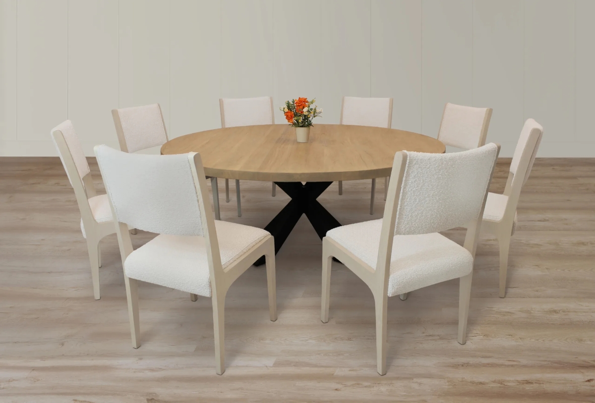 Damian72R-88011098-4 Dining Set with 8 Ashton Boucle Chairs - Ivory - 9 Piece