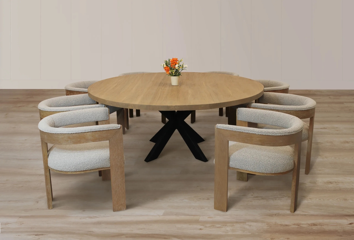 Dining Set - Silver - 9 Piece - Modern Design with Boucle Chairs