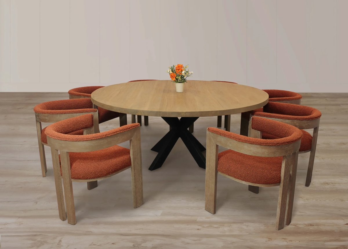 Damian72R-88011102-8 Dining Set with 8 Trident Boucle Chairs - Rust - 9 Piece