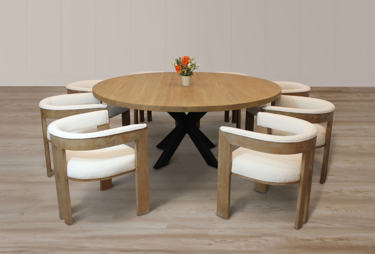 Damian 72in. Round Dining Set with 8 Boucle Chairs - Ivory - 9 Piece - Modern & Durable Design