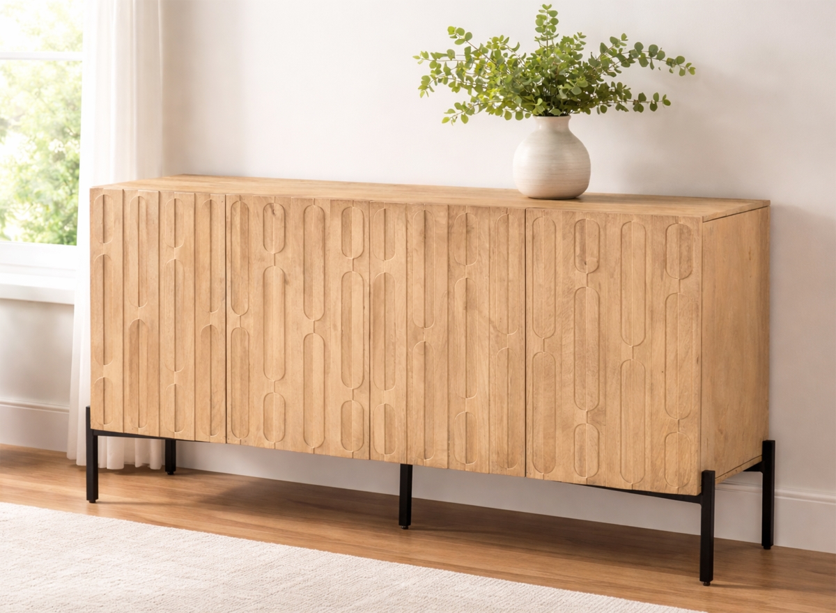 91009006 34 x 64 x 18 in. Lana Mango Solid Wood 4-Door Sideboard, Oak Natural