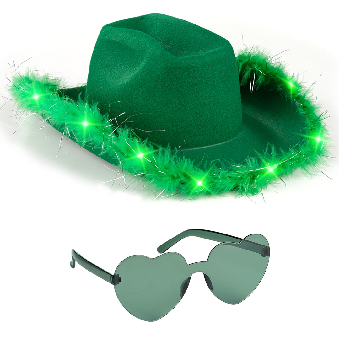 Picture of Funcredible Green_LU_Cowgirl_Hat Funcredible Green Light Up Cowboy Hat and Glasses - Fluffy Cowgirl Hat - Feather Cowboy Hat for Women - Cowgirl Costume Accessories