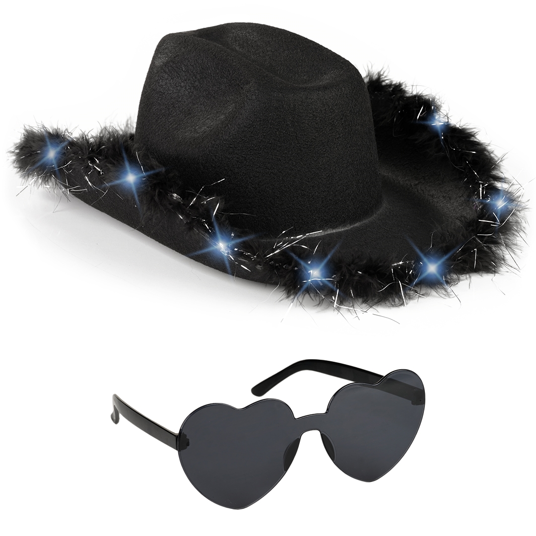 Picture of Funcredible Black_LU_Cowgirl_Hat Funcredible Black Light Up Cowboy Hat and Glasses - Fluffy Cowgirl Hat - Feather Cowboy Hat for Women - Cowgirl Costume Accessories