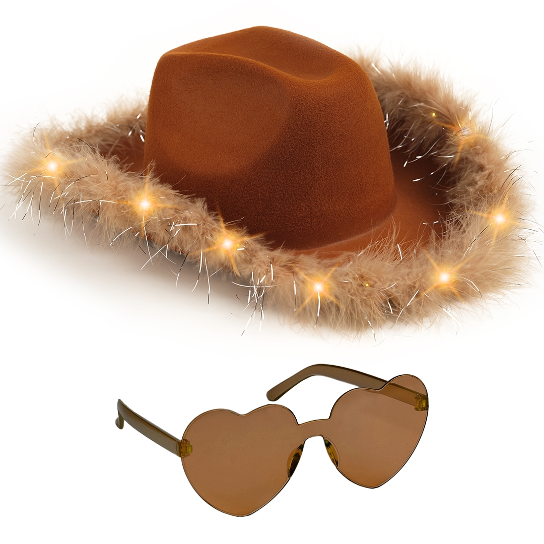 Picture of Funcredible Brown_LU_Cowgirl_Hat Funcredible Brown Light Up Cowboy Hat and Glasses - Fluffy Cowgirl Hat - Feather Cowboy Hat for Women - Cowgirl Costume Accessories