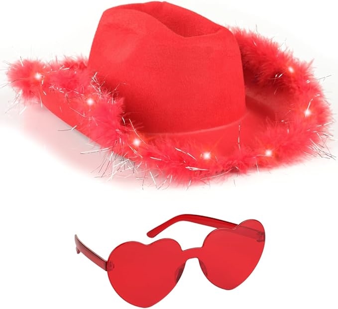 Picture of Funcredible Red_LU_Cowgirl_Hat Funcredible Red Light Up Cowboy Hat and Glasses - Fluffy Cowgirl Hat - Feather Cowboy Hat for Women - Cowgirl Costume Accessories
