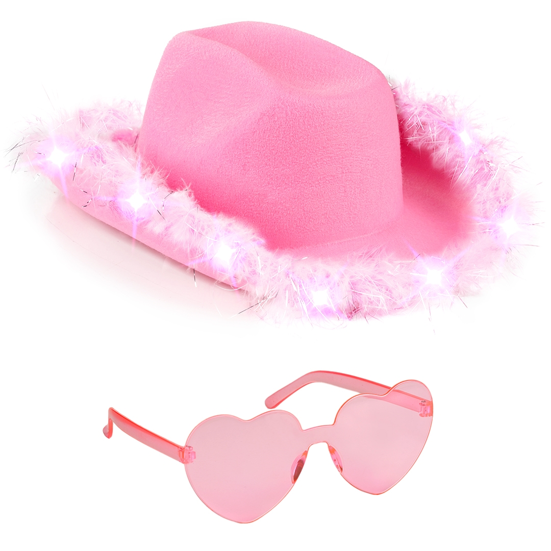 Picture of Funcredible Pink_LU_Cowgirl_Hat Funcredible Pink Light Up Cowboy Hat and Glasses - Sequin Cowgirl Hat - Sparkly Led Cowgirl Hat for Women - Cowgirl Costume Accessories