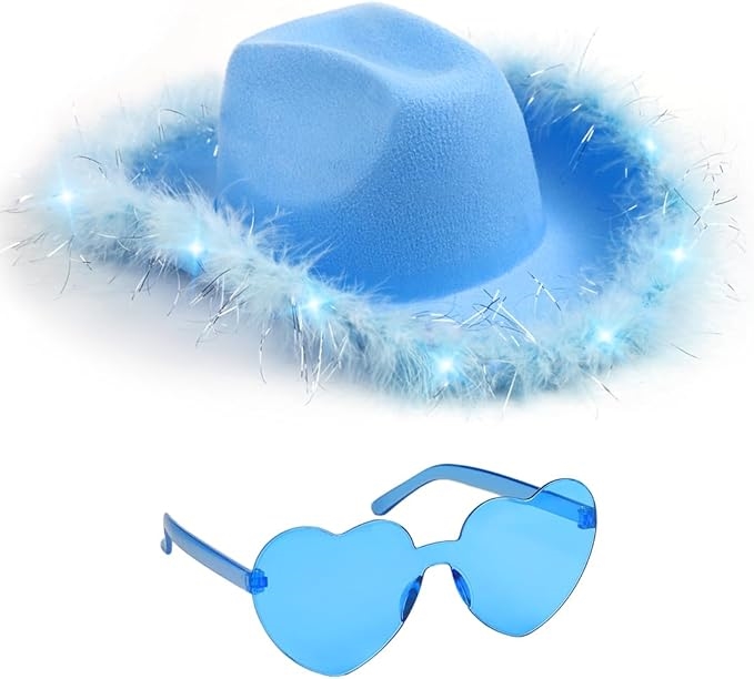 Picture of Funcredible LightBlue_LU_Cowgirl_Hat Funcredible Light Blue Light Up Cowboy Hat and Glasses - Fluffy Cowgirl Hat - Feather Cowboy Hat for Women - Cowgirl Costume Accessories