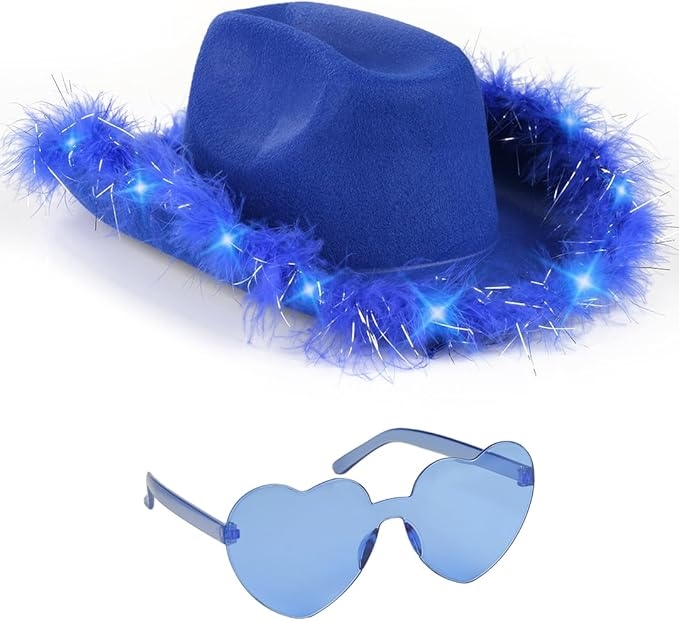 Picture of Funcredible Blue_LU_Cowgirl_Hat Funcredible Blue Light Up Cowboy Hat and Glasses - Fluffy Cowgirl Hat - Feather Cowboy Hat for Women - Cowgirl Costume Accessories