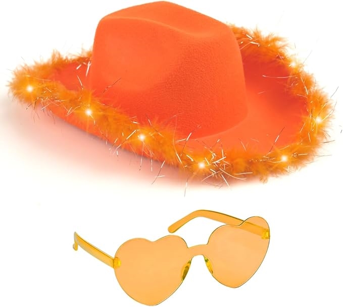 Picture of Funcredible Orange_LU_Cowgirl_Hat Funcredible Orange Light Up Cowboy Hat and Glasses - Fluffy Cowgirl Hat - Feather Cowboy Hat for Women - Cowgirl Costume Accessories