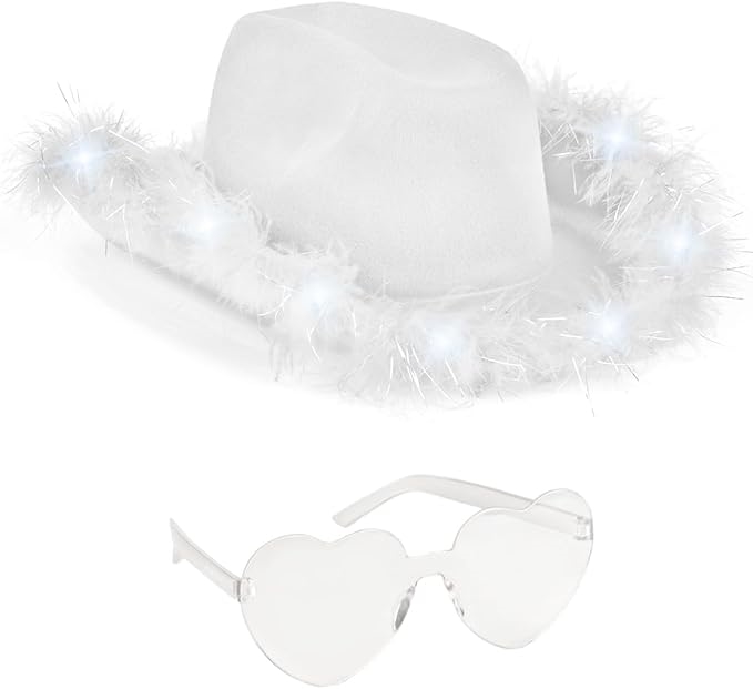 Picture of Funcredible White_LU_Cowgirl_Hat Funcredible White Light Up Cowboy Hat and Glasses - Fluffy Cowgirl Hat - Feather Cowboy Hat for Women - Cowgirl Costume Accessories