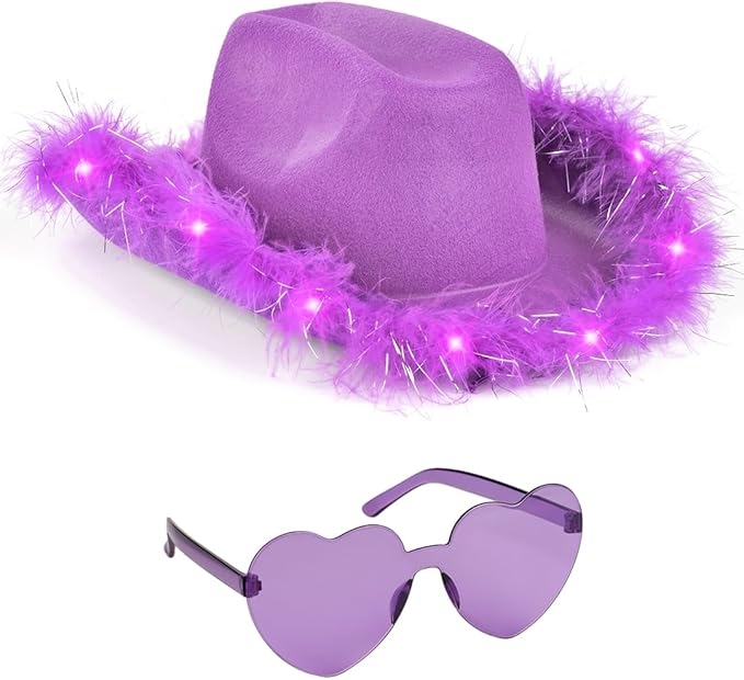 Picture of Funcredible Purple_LU_Cowgirl_Hat Funcredible Purple Light Up Cowboy Hat and Glasses - Fluffy Cowgirl Hat - Feather Cowboy Hat for Women - Cowgirl Costume Accessories