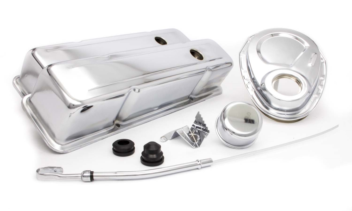 Tall Valve Covers-Breather-Dipstick-Grommets-Timing Cover-Timing Tab Engine Dress Up Kit Steel Chrome Small Block Chevy - Kit