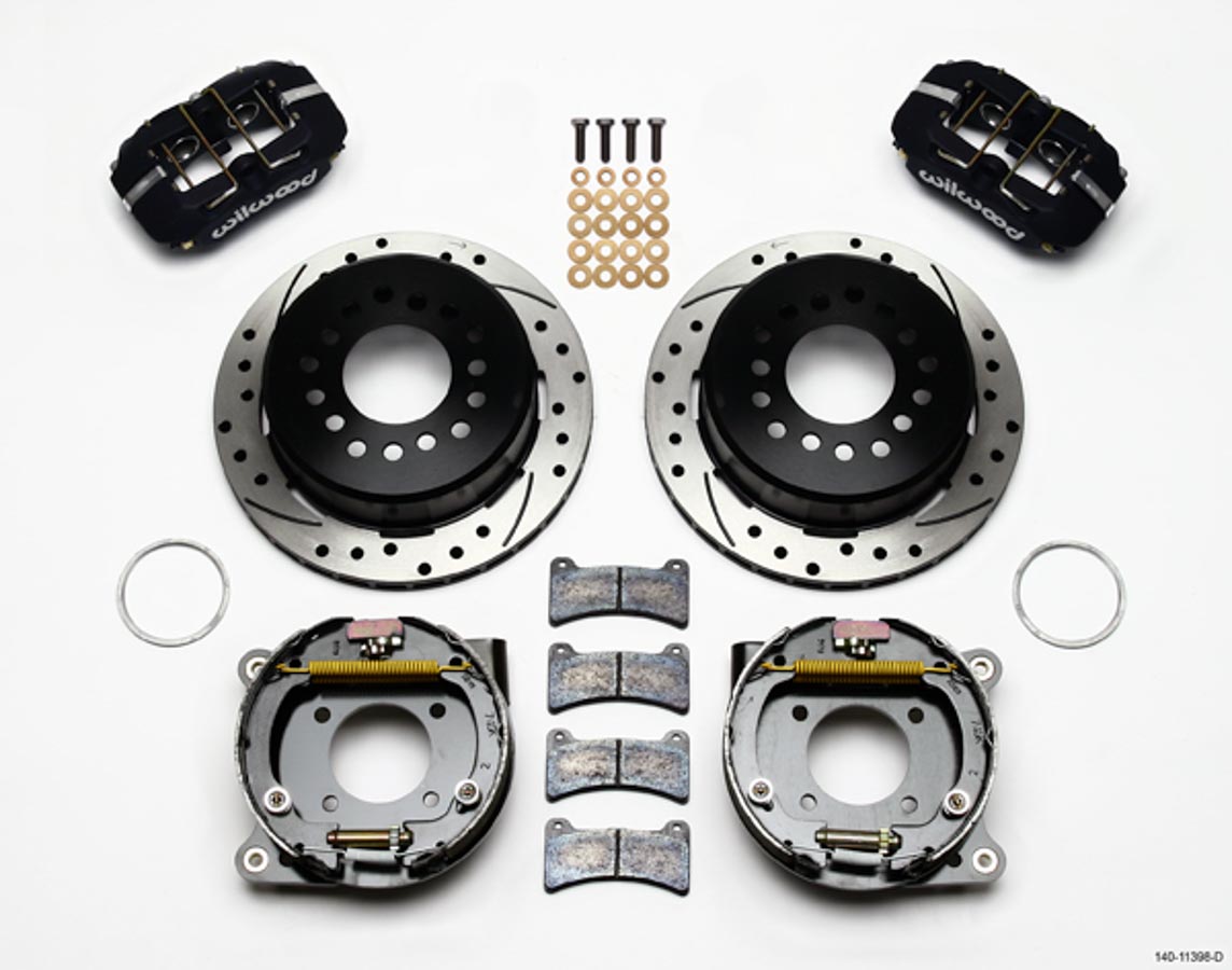 Engineering Dynapro Brake System Rear 4 Piston Caliper 11 in. Solid Iron Rotor - Parking Brake & Offset Hat - Black