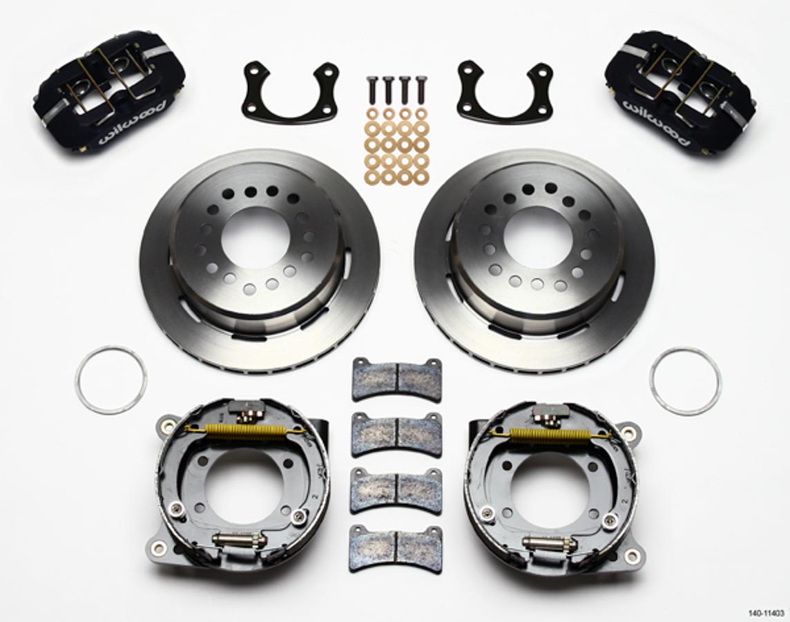 Engineering Dynapro Brake System Rear 4 Piston Caliper 11 in. Solid Iron Rotor - Parking Brake & Offset Hat - Black