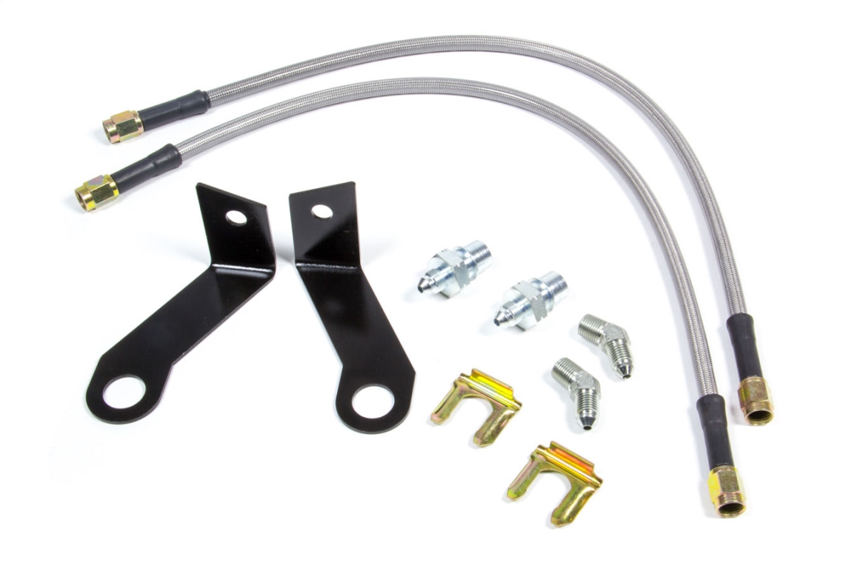 WIL220-9111 18 in. Flexline Kit 3 AN Straight to 3 AN Straight Ends - 0.12-27 NPT 45 deg & -3 to M10 x 1 BF Fittings - 2005 Mustang Front