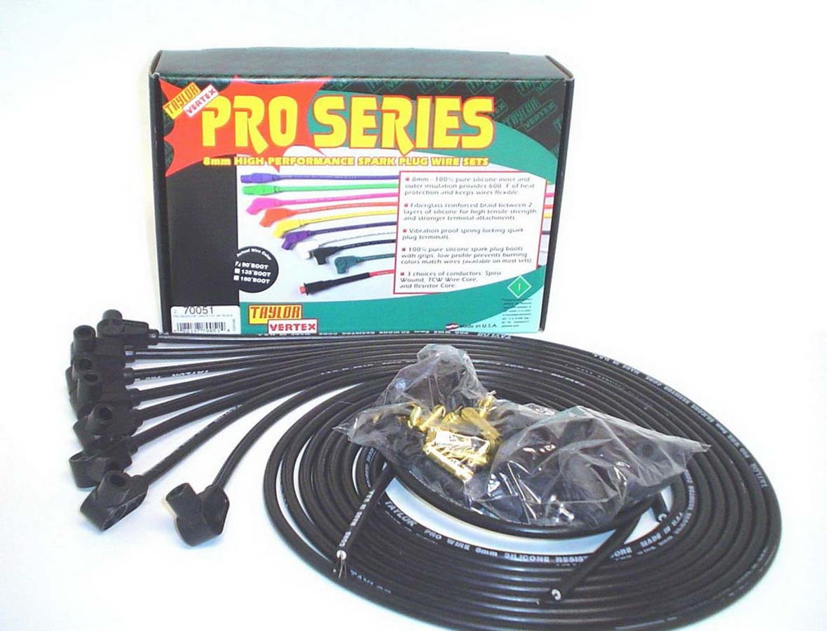 8 mm Pro Wires Universal Spark Plug Wire Set - Black - Resistor Core Conductor - 90 deg Plug Boots - 8 Cylinder Applications