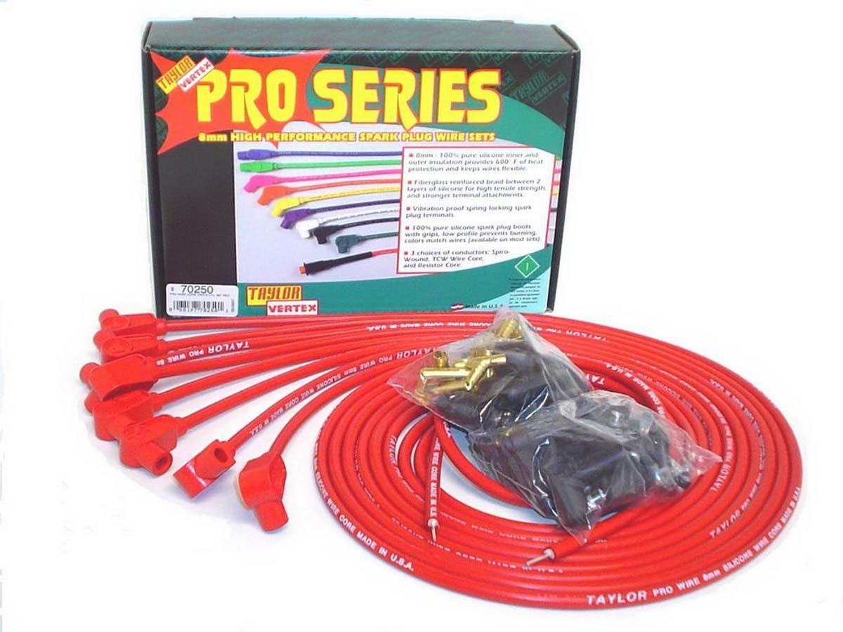 8 mm Pro Wires Universal Spark Plug Wire Set - Red - TCW Wire Conductor - 90 deg Plug Boots - 8 Cylinder Applications
