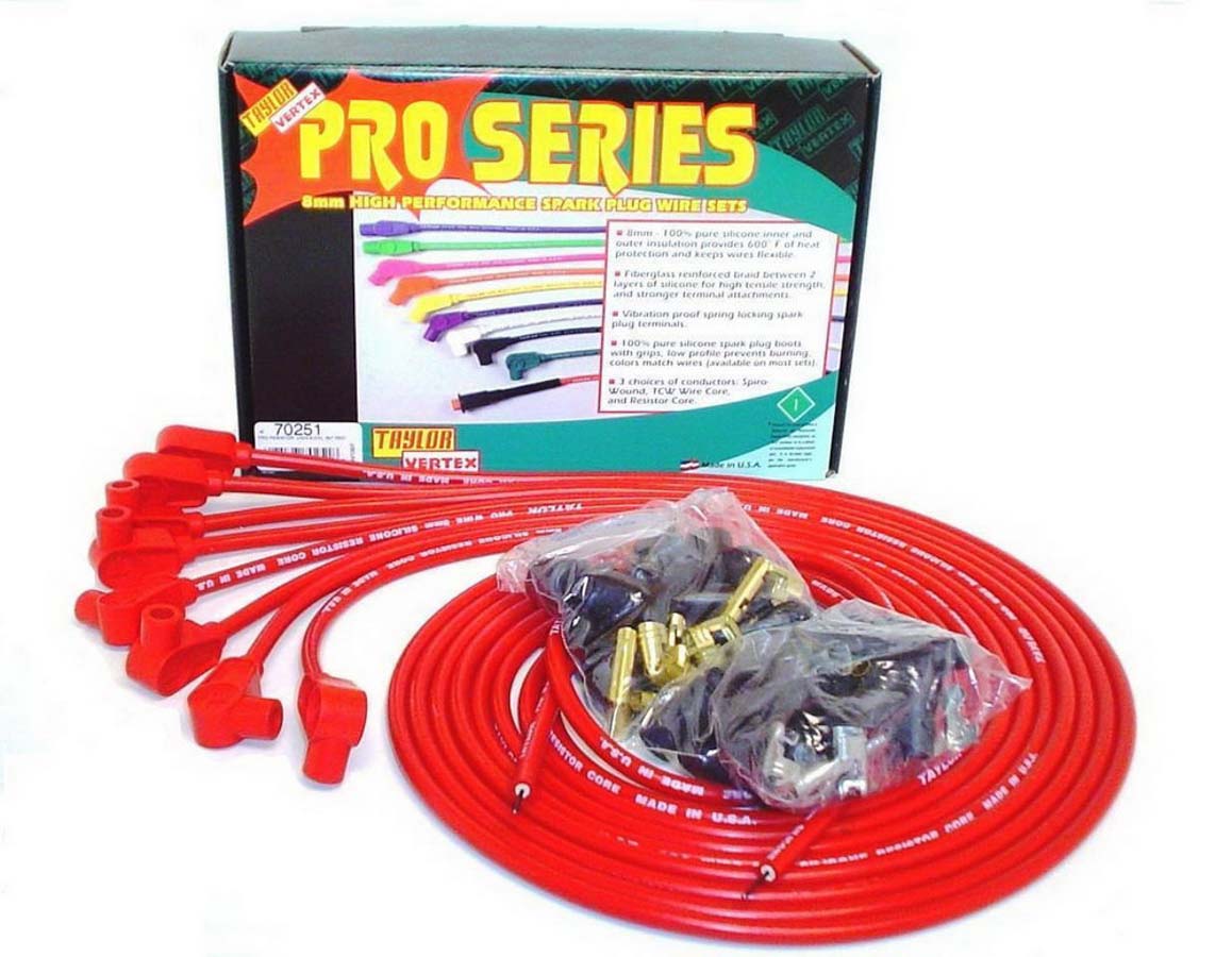 8 mm Pro Wires Universal Spark Plug Wire Set - Red - Resistor Core Conductor - 90 deg Plug Boots - 8 Cylinder Applications
