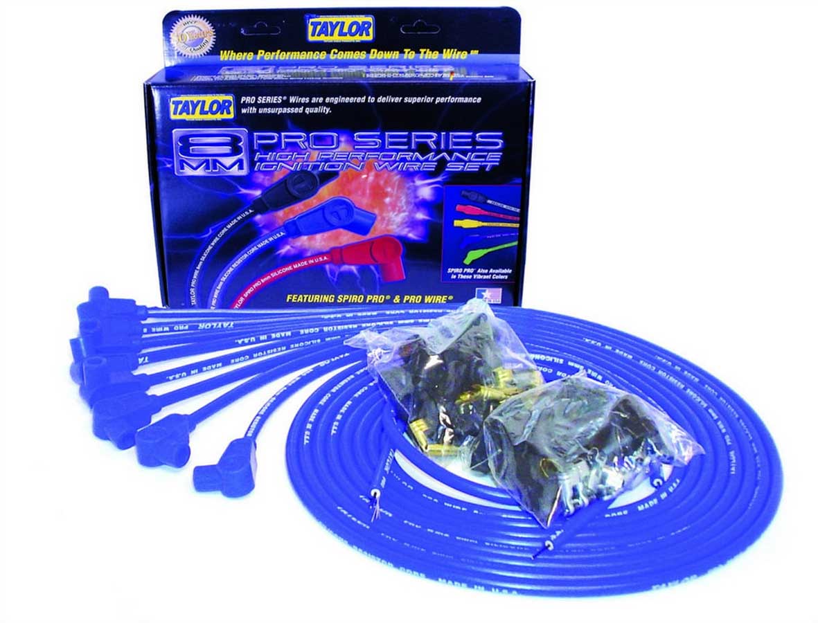 8 mm Pro Wires Universal Spark Plug Wire Set - Blue - Resistor Core Conductor - 90 deg Plug Boots - 8 Cylinder Applications